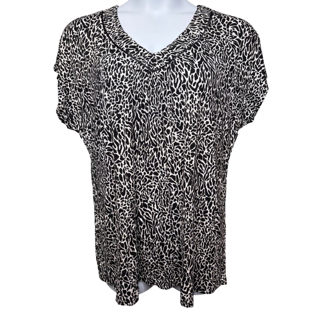 CAROLE HOCHMAN Womens Black White Animal Print Pajama Top 1X Sleepwear Stretch